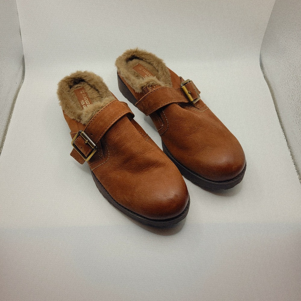 Naturalizer N5 Comfort Tan Leather Faux Fur Lined Buckle Clogs Mules Womens 8.5M